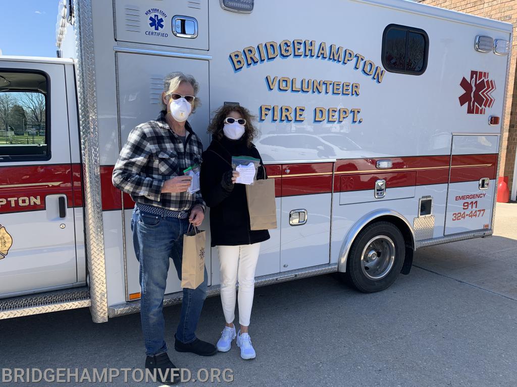 4/11/20 A very special thank you to Nikki Shomer and John Buchbinder of East Hampton for donating hand-sewn masks for members of the E.M.S. Company. The masks are made of 100-percent cotton fabric on the outside and have a HEPA, or micro-allergen, filter in the center layer to provide extra protection. The masks come in two sizes, male and female, and have a bendable nose piece so they can be adjusted for fit. They are washable and reusable. 